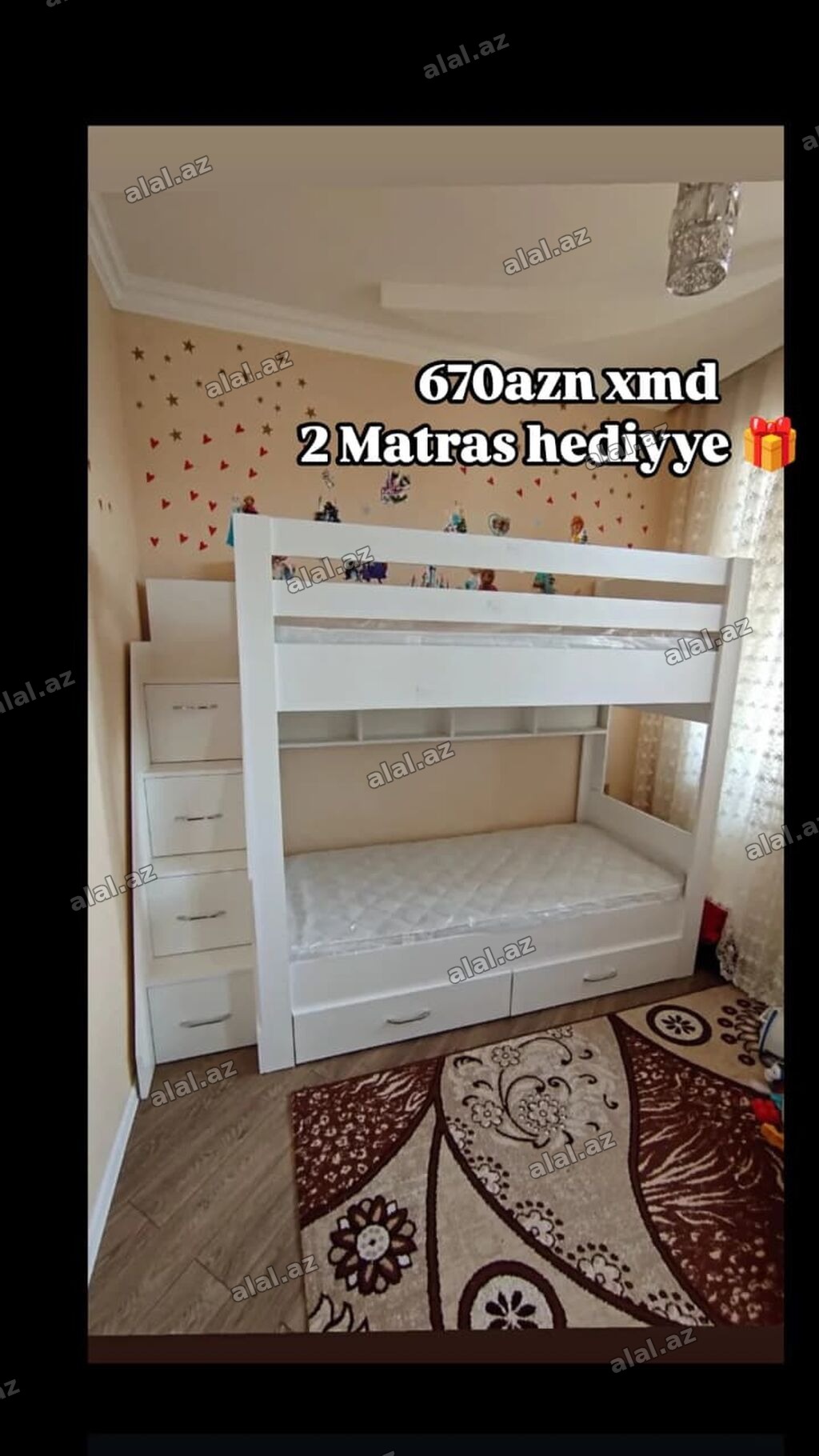 İki mərtəbəli uşaq çarpayısı – ağ rəng - Üst və alt mərtəbə üçün tam