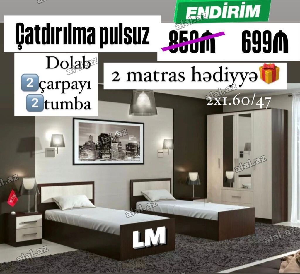 Yataq otağı dəsti – ikinəfərlik konsept Komplektə daxildir: - 2 ədəd