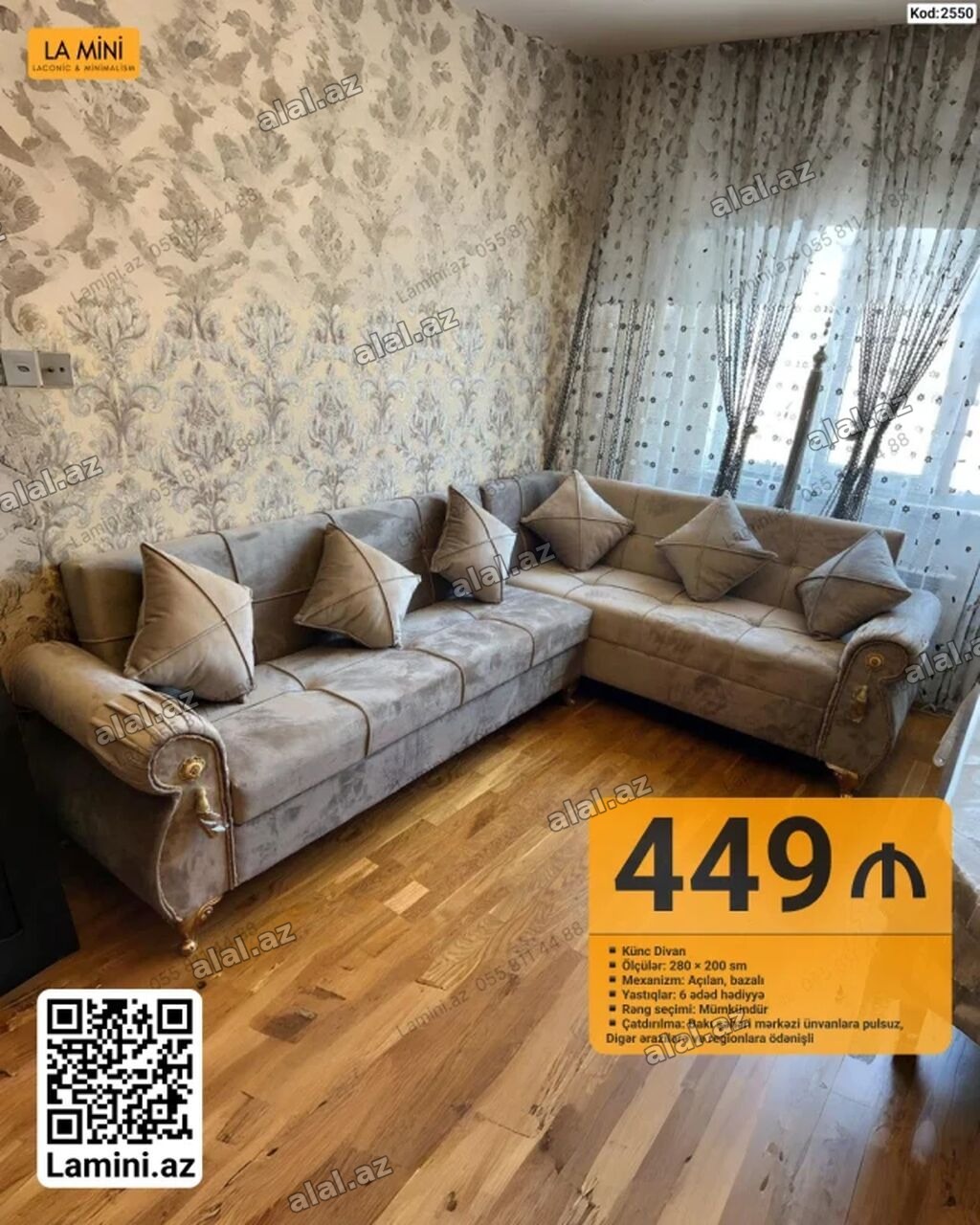 LA MINI Künc Divan - Ölçülər: 280 × 200 sm - Mexanizm: Açılan, bazalı