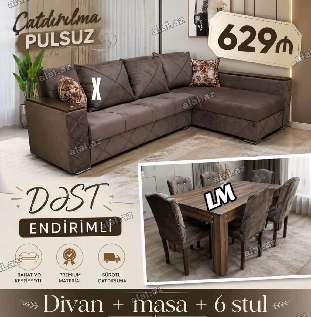 Endirimli DƏST: divan + masa + 6 stul - Künc divan: müasir dizayn