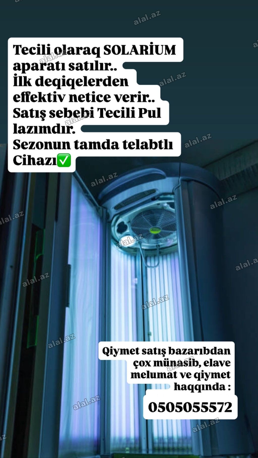 Solarium aparatı – kabin tipli, şaquli quruluşlu. Xüsusiyyətlər: -
