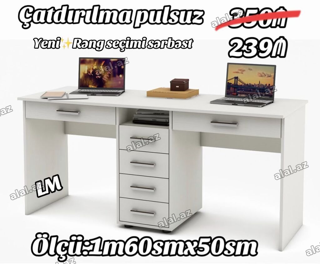 İki iş sahəsi olan funksional yazı/kompüter masası. Xüsusiyyətlər: -