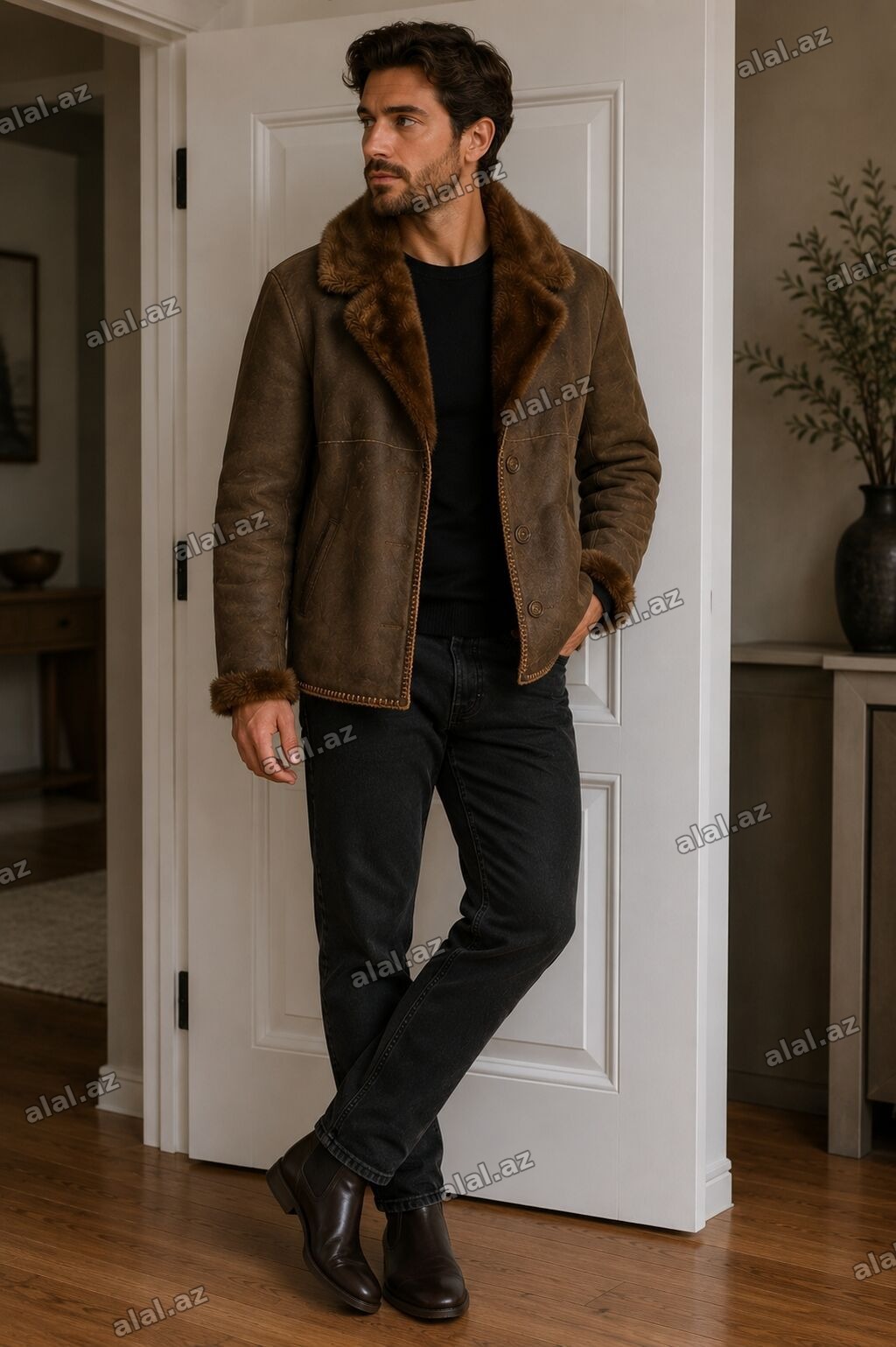 Kişi üçün dəri kürklü gödəkçə - Model: qısa kəsim, düz siluet -