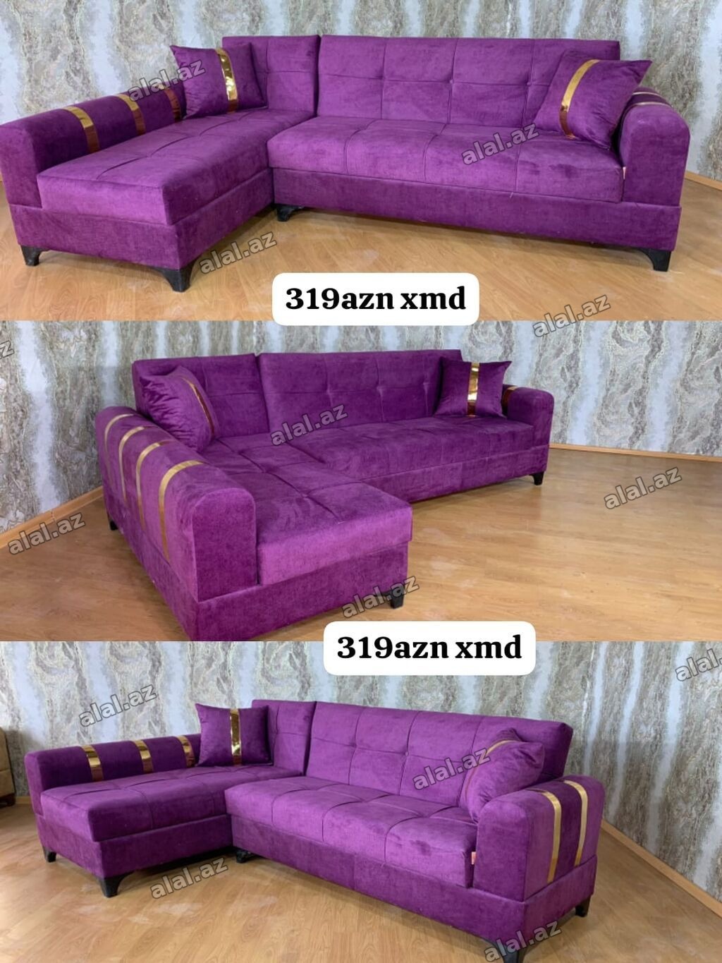 Bənövşəyi rəngdə künc divan - L‑şəkilli dizayn, sağ/sol yerləşimə