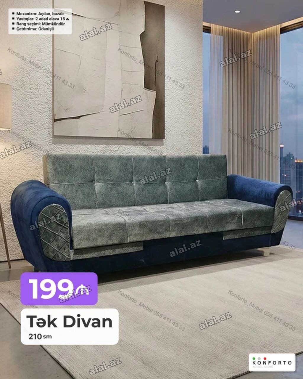 Tək divan – 210 sm - Mexanizm: açılan, bazalı (yataq funksiyalı, alt