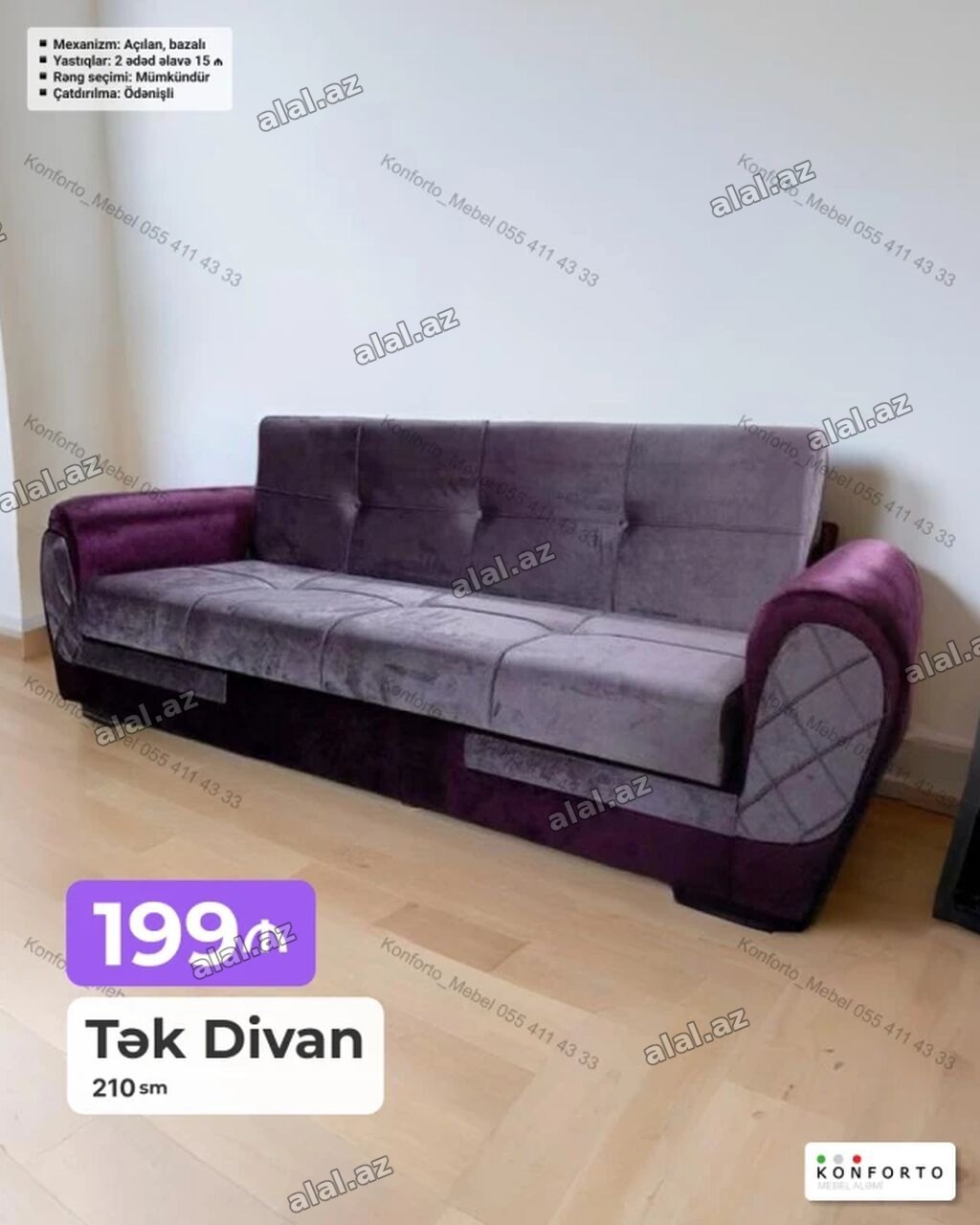 Tək divan – 210 sm – Mexanizm: açılan, bazalı (yataq funksiyalı, alt