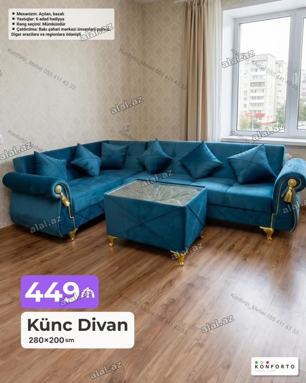 Künc Divan – 280×200 sm - Açılan, bazalı mexanizm: yataq funksiyası