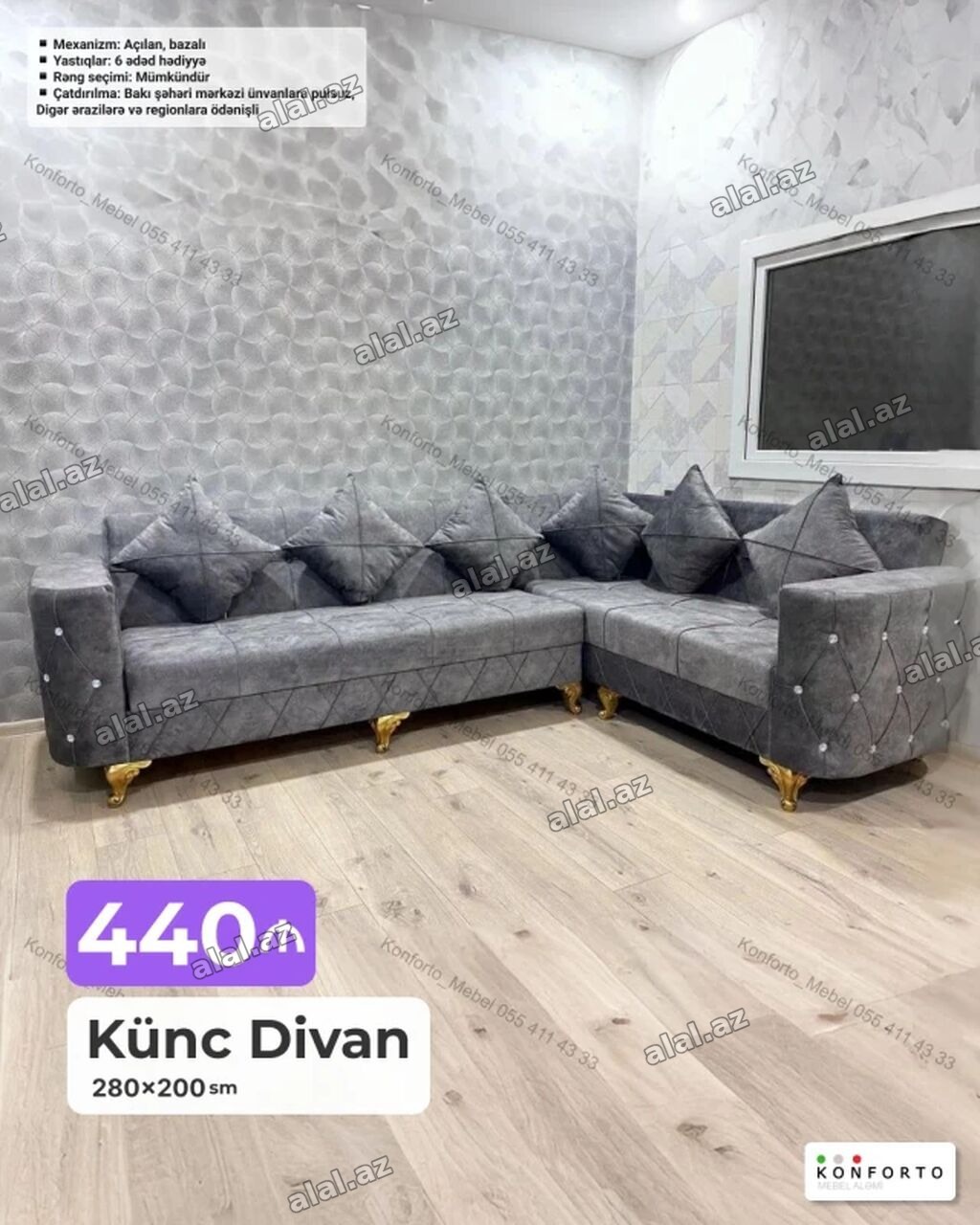 Künc divan – 280×200 sm - Mexanizm: açılan, bazalı (yataq funksiyası