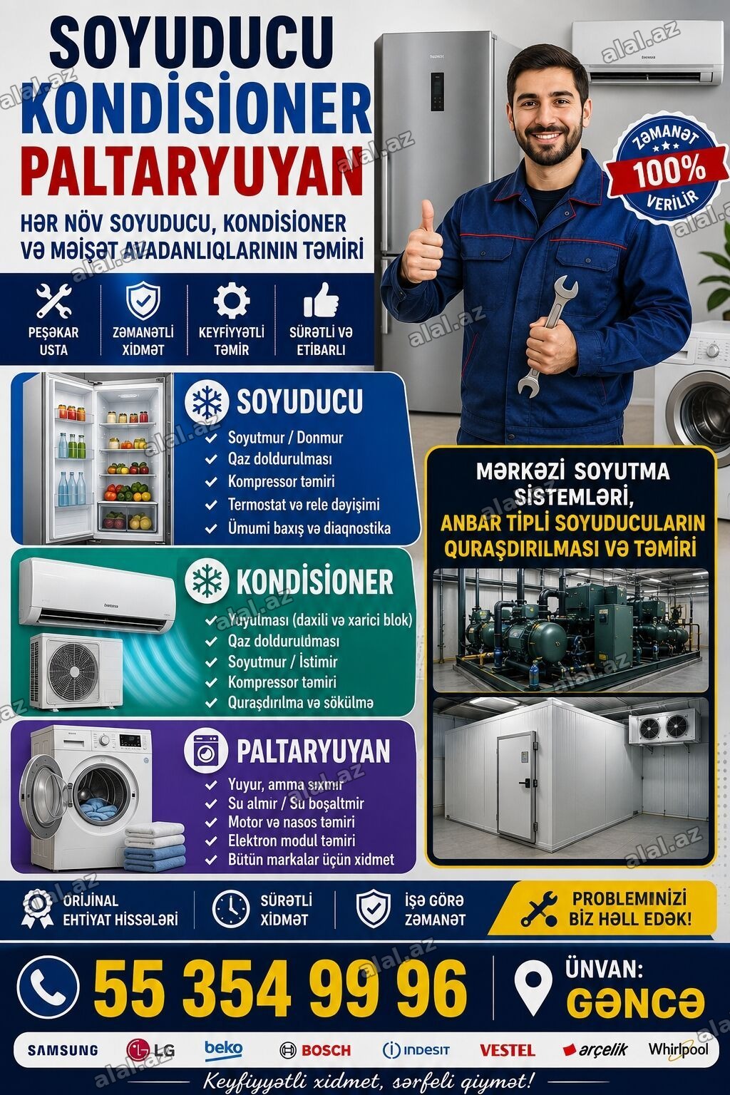 Soyuducu, kondisioner və paltaryuyanların peşəkar təmiri və servis