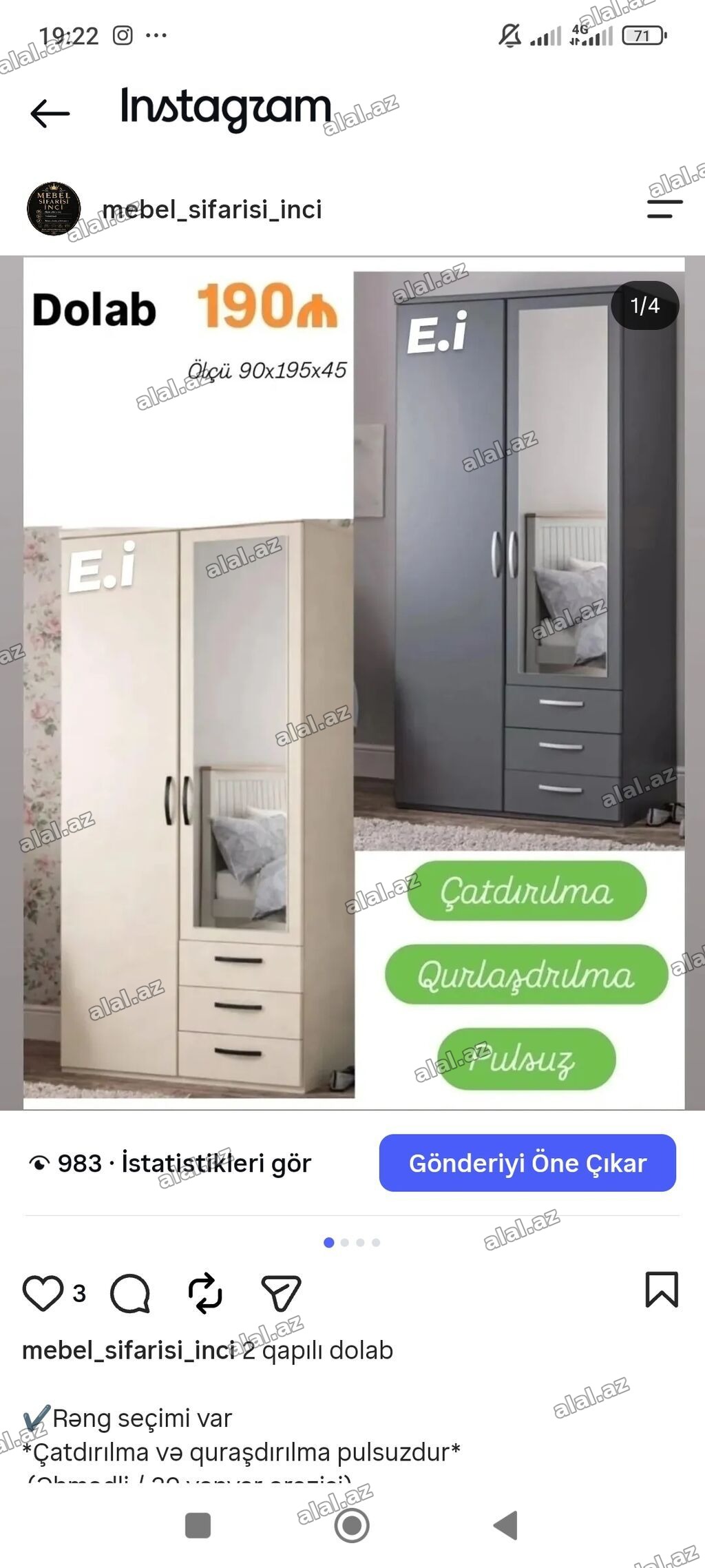 İki qapılı dolab - Ölçü: 90 × 195 × 45 sm - Ön hissədə böyük güzgü