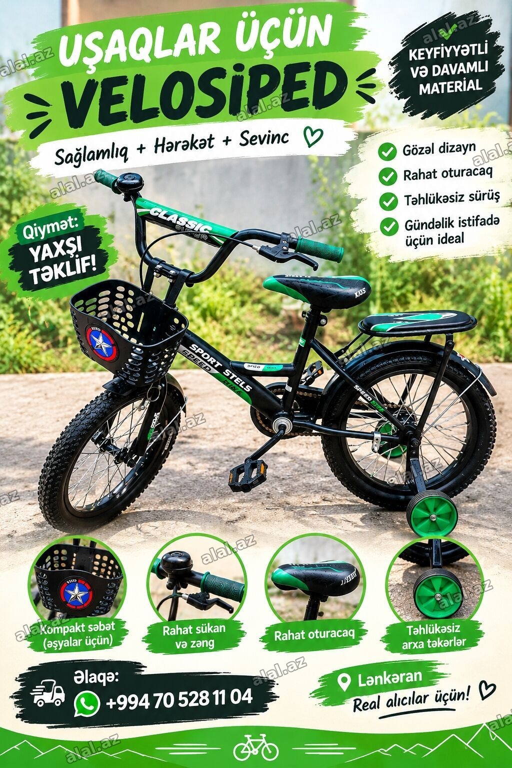 Uşaqlar üçün velosiped Xüsusiyyətlər: - Keyfiyyətli və davamlı