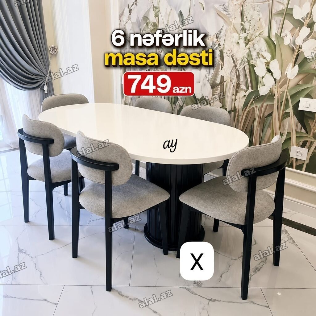 6 nəfərlik masa dəsti - Oval formalı ağ masa: parlaq səth, mərkəzdə
