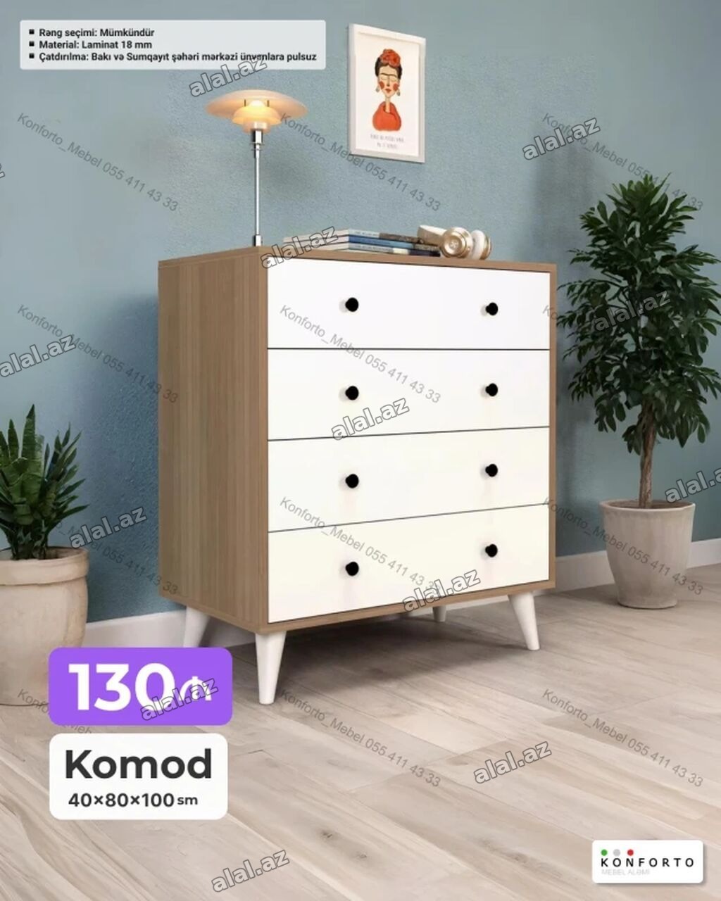 Komod – müasir dizaynlı, 4 çekmecəli model - Ölçülər: 40 × 80 × 100 sm