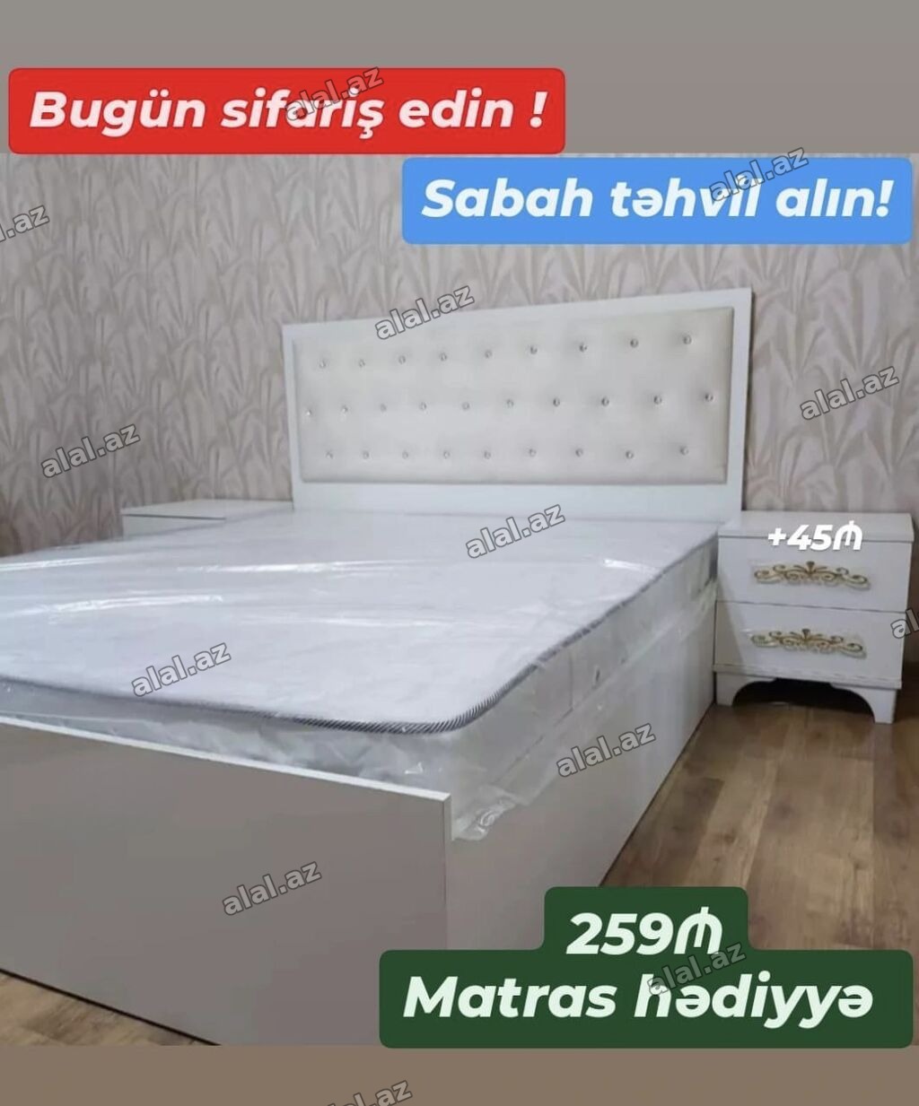 Ağ rəngdə müasir yataq dəsti: - Yumşaq, düyməli başlıqla dizayn