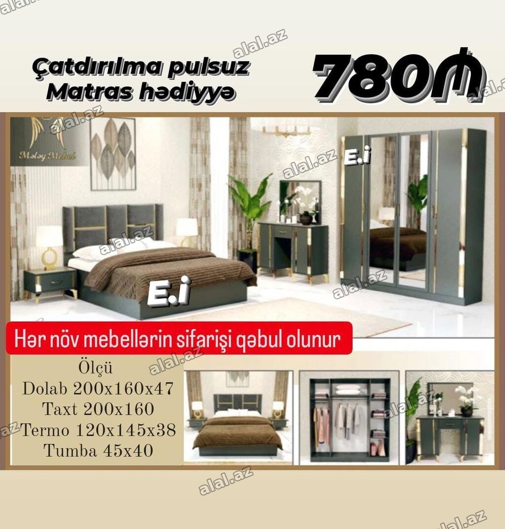 Yataq otağı mebel dəsti – 780₼ Dəst tərkibi və ölçülər: - Dolab