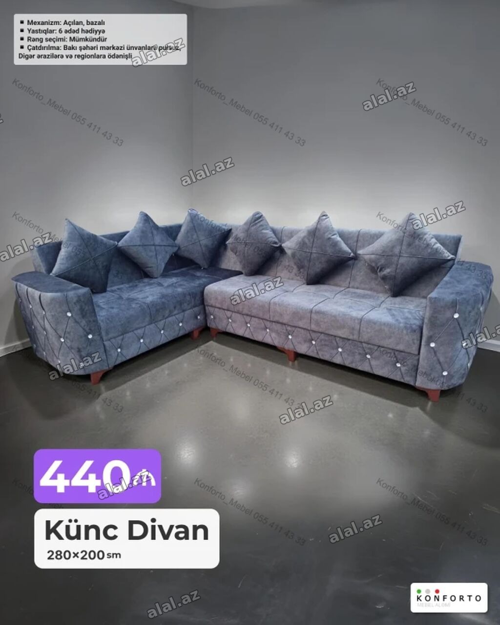 Künc divan – 280×200 sm - Mexanizm: açılan, bazalı (yataq funksiyası