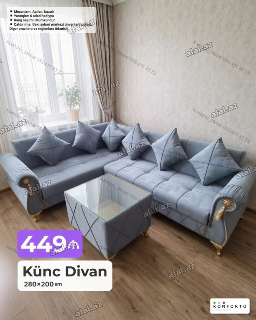 Künc Divan – 280×200 sm - Mexanizm: Açılan, bazalı (yataq funksiyası