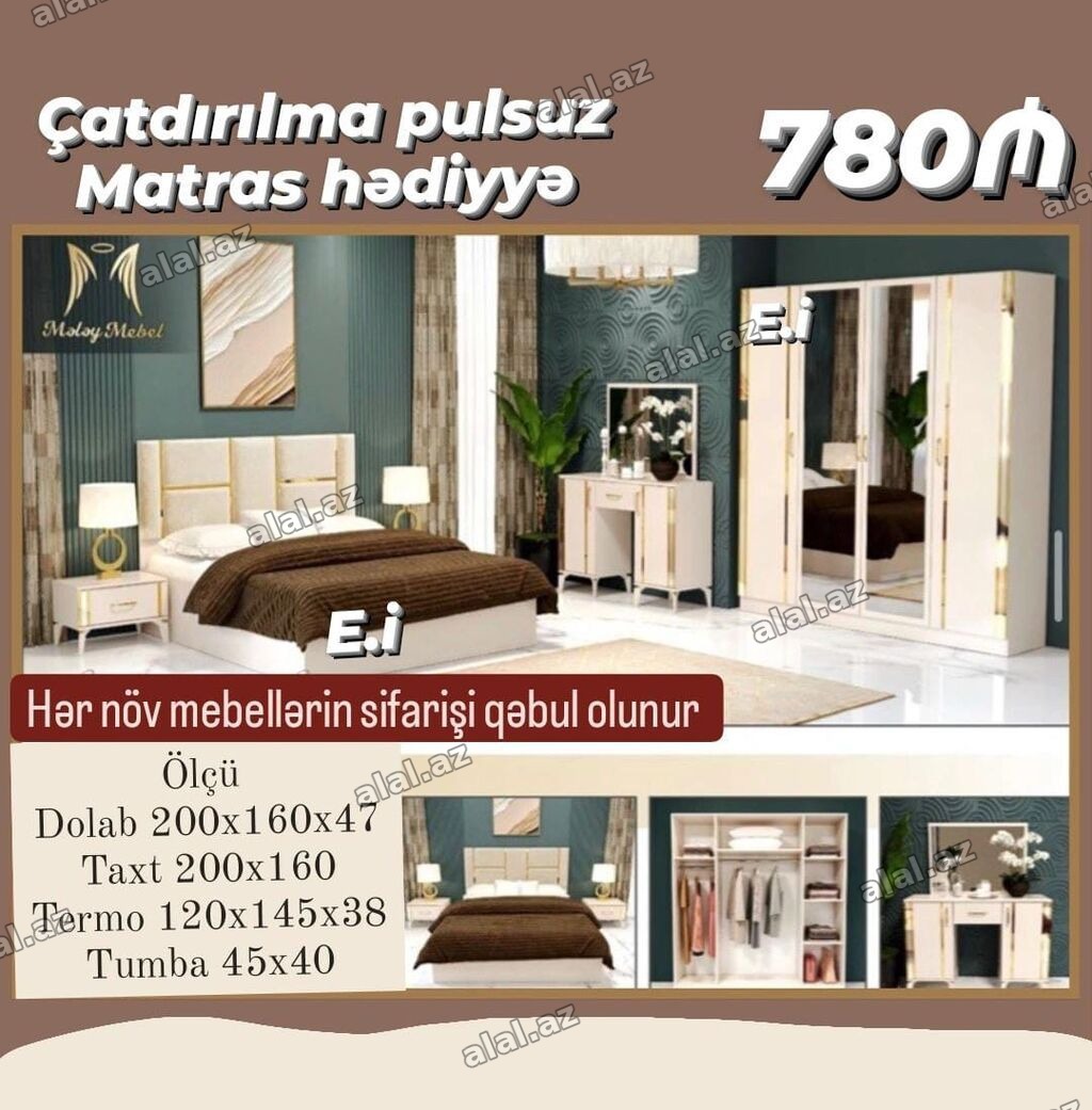 Yataq otağı mebel dəsti Tərkibi: - Taxt: 200×160 - Dolab