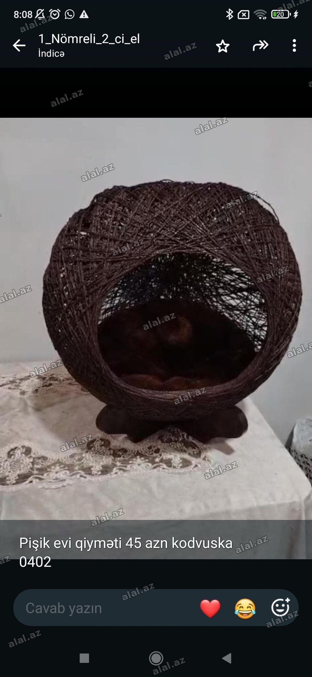 Pişik evi – dekorativ kürə formalı model. - Material: möhkəm ip/rafiya