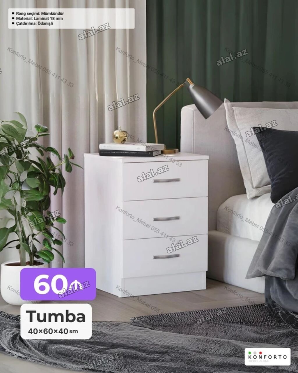 Tumba – 40×60×40 sm - Material: 18 mm laminat - Rəng seçimi