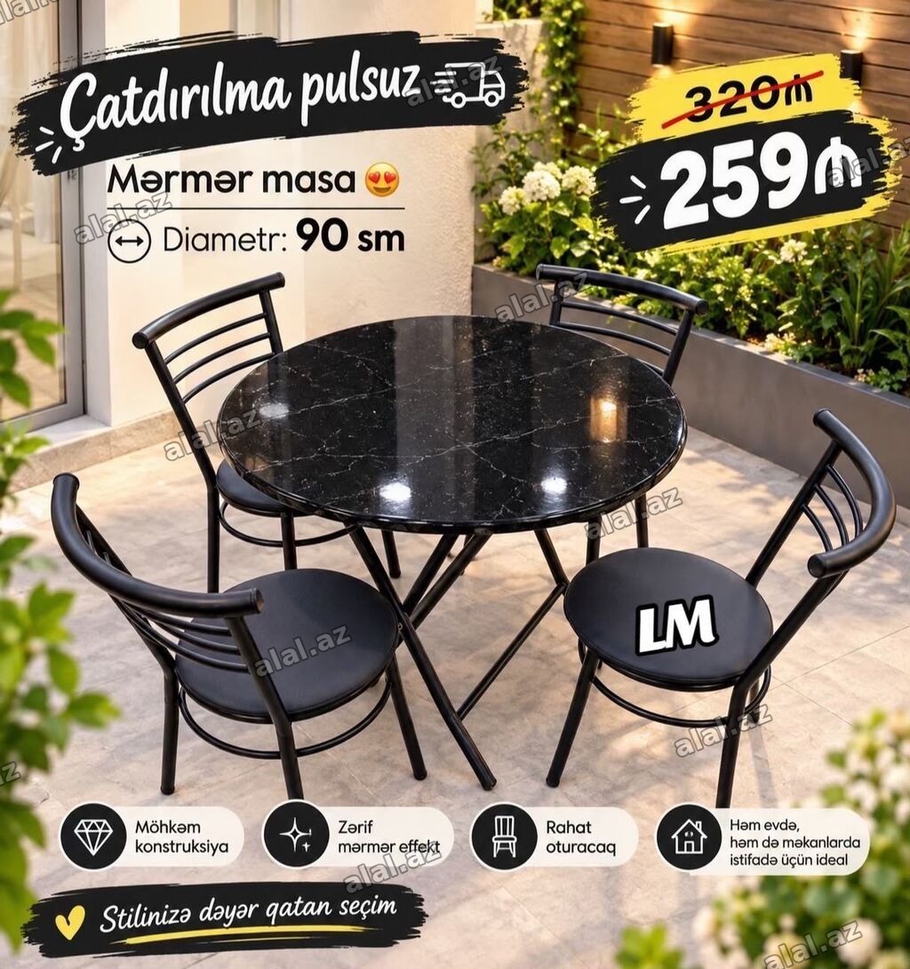 Mərmər effektli dairəvi masa dəsti - Masa diametri: 90 sm - Zərif