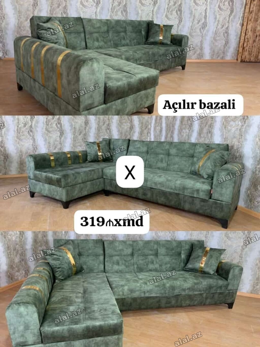 Yaşıl rəngli L formalı künc divan - Açılır-bazalı model: gündəlik