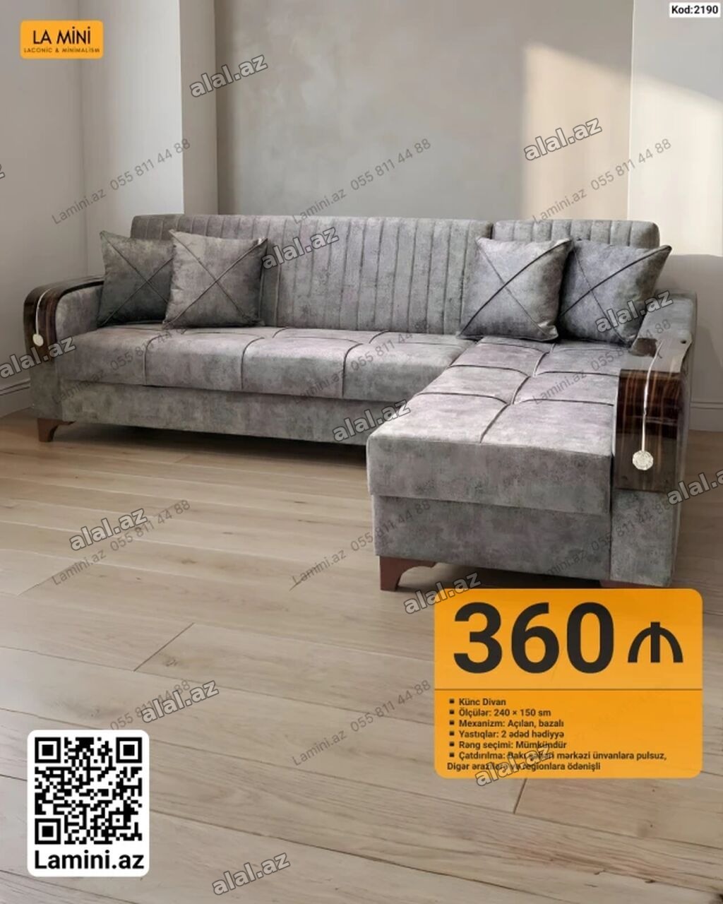 Künc Divan – Kod: 2190 - Ölçülər: 240 × 150 sm - Mexanizm: Açılan