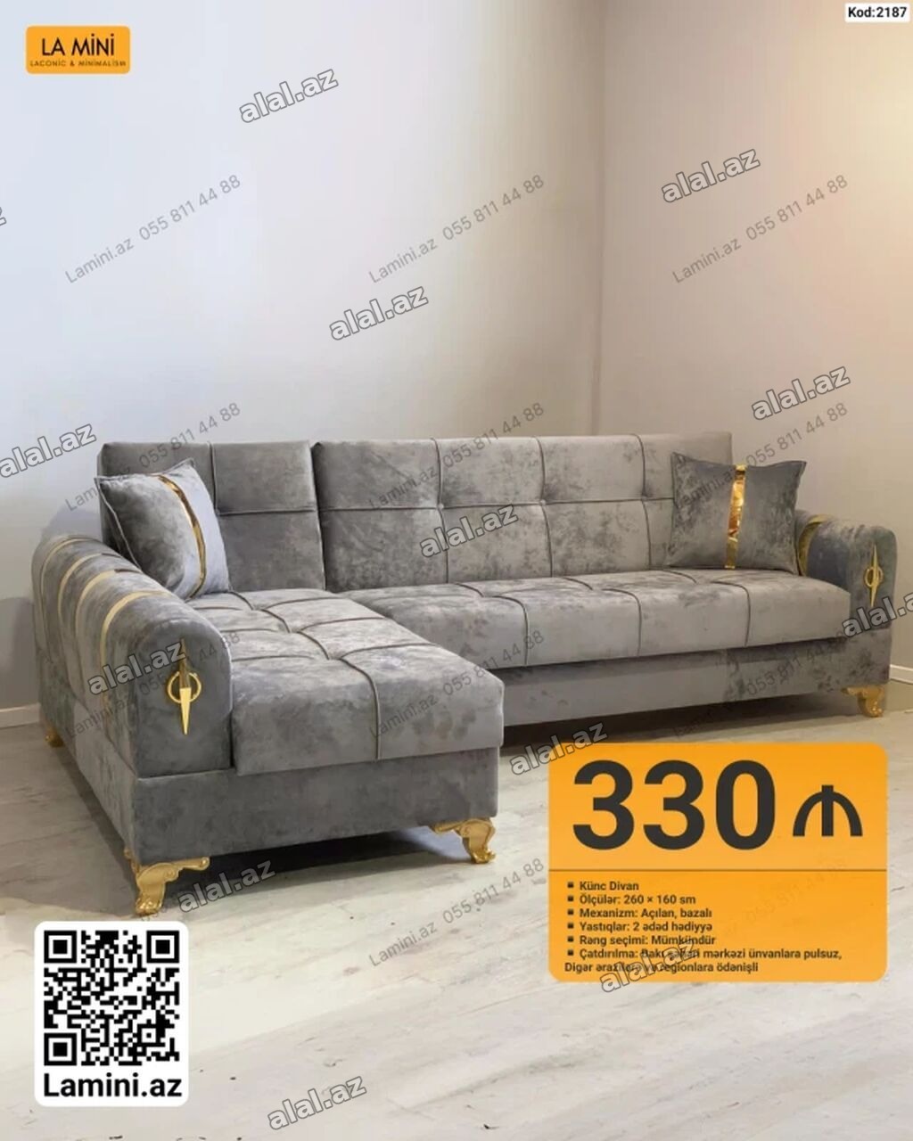 Künc divan – Kod: 2187 - Ölçülər: 260 × 160 sm - Mexanizm: açılan
