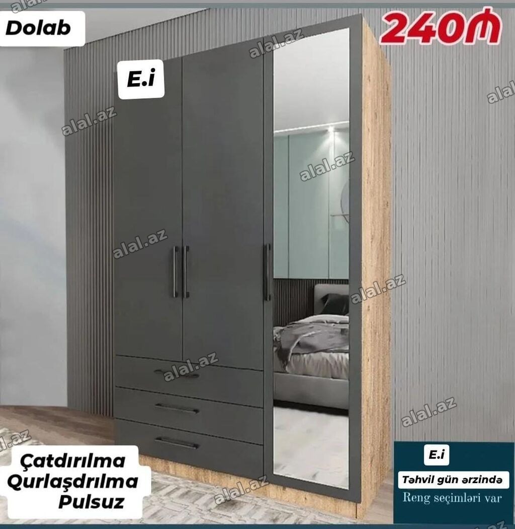 Yeni, 3 qapılı, Güzgülü, Açılan, Düz dolab