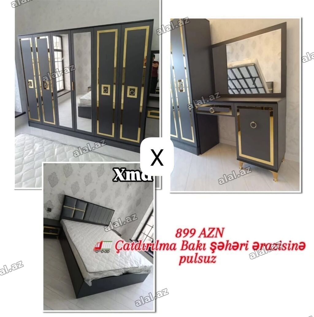 Müasir yataq otağı dəsti - Rəng: tünd boz korpus, qızılı dekor