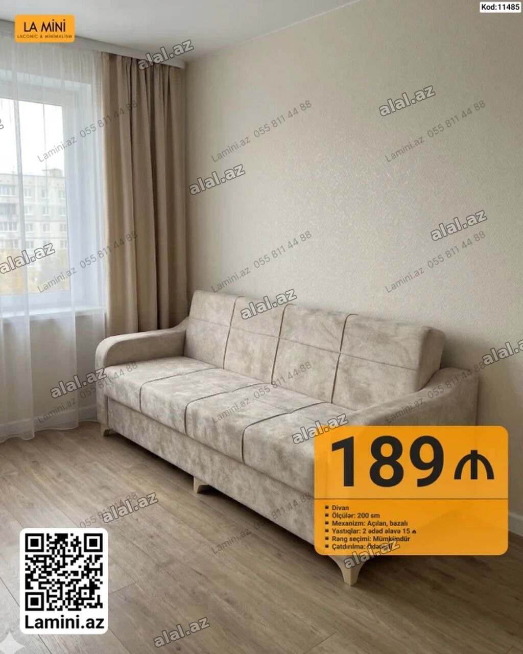 Divan – kod: 11485 - Uzunluq: 200 sm - Mexanizm: açılan, bazalı