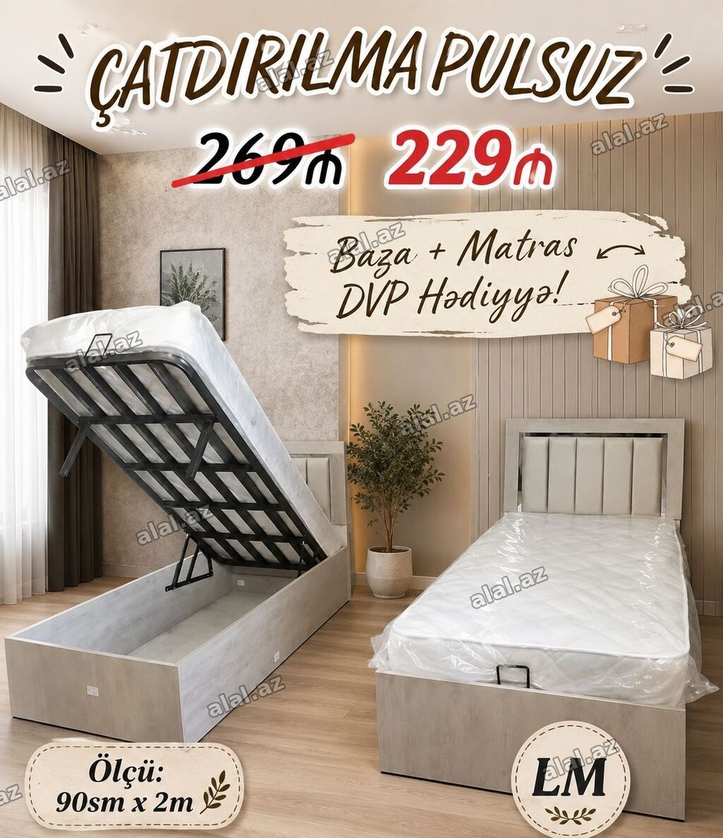 - Baza + Matras dəsti - Ölçü: 90 sm x 2 m - Baza altı geniş