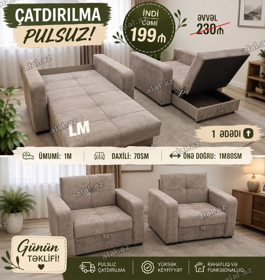 Çevrilə bilən kreslo‑çarpayı • Ölçü: ümumi eni 1 m • Daxili