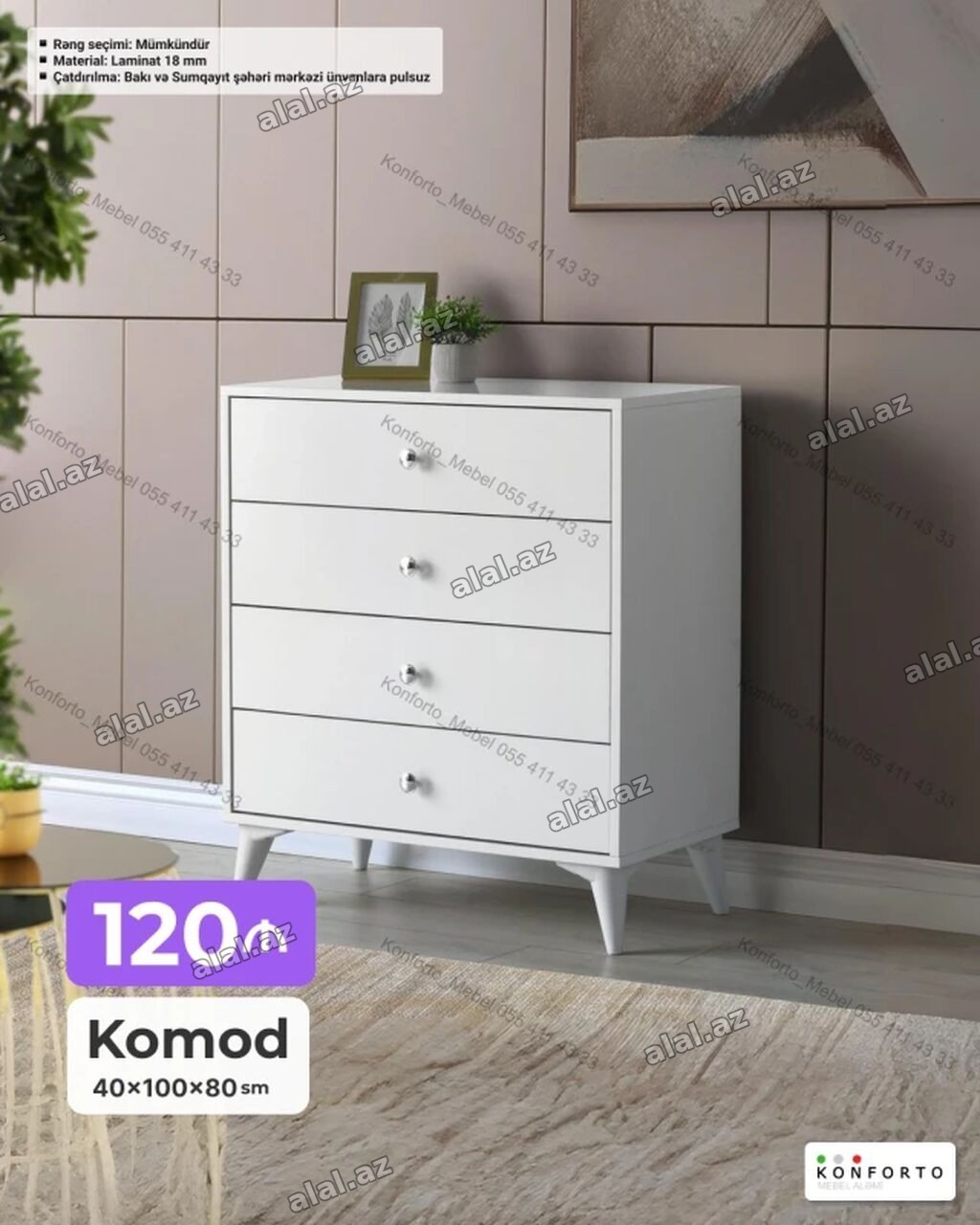 Ağ rəngli komod - Ölçülər: 40 × 100 × 80 sm - Material: 18 mm