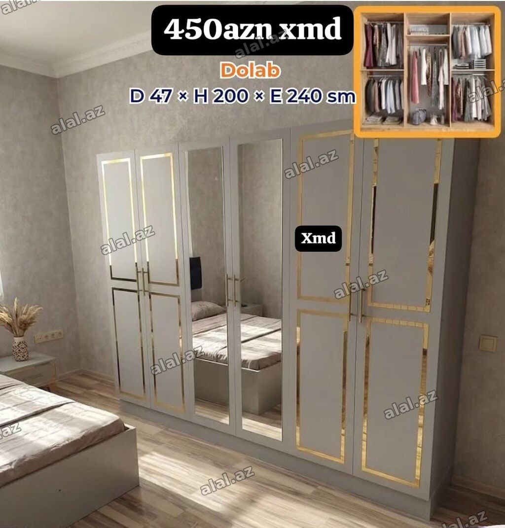 Dolab – 6 qapılı, güzgülü model Ölçülər: Dərinlik 47 sm × Hündürlük