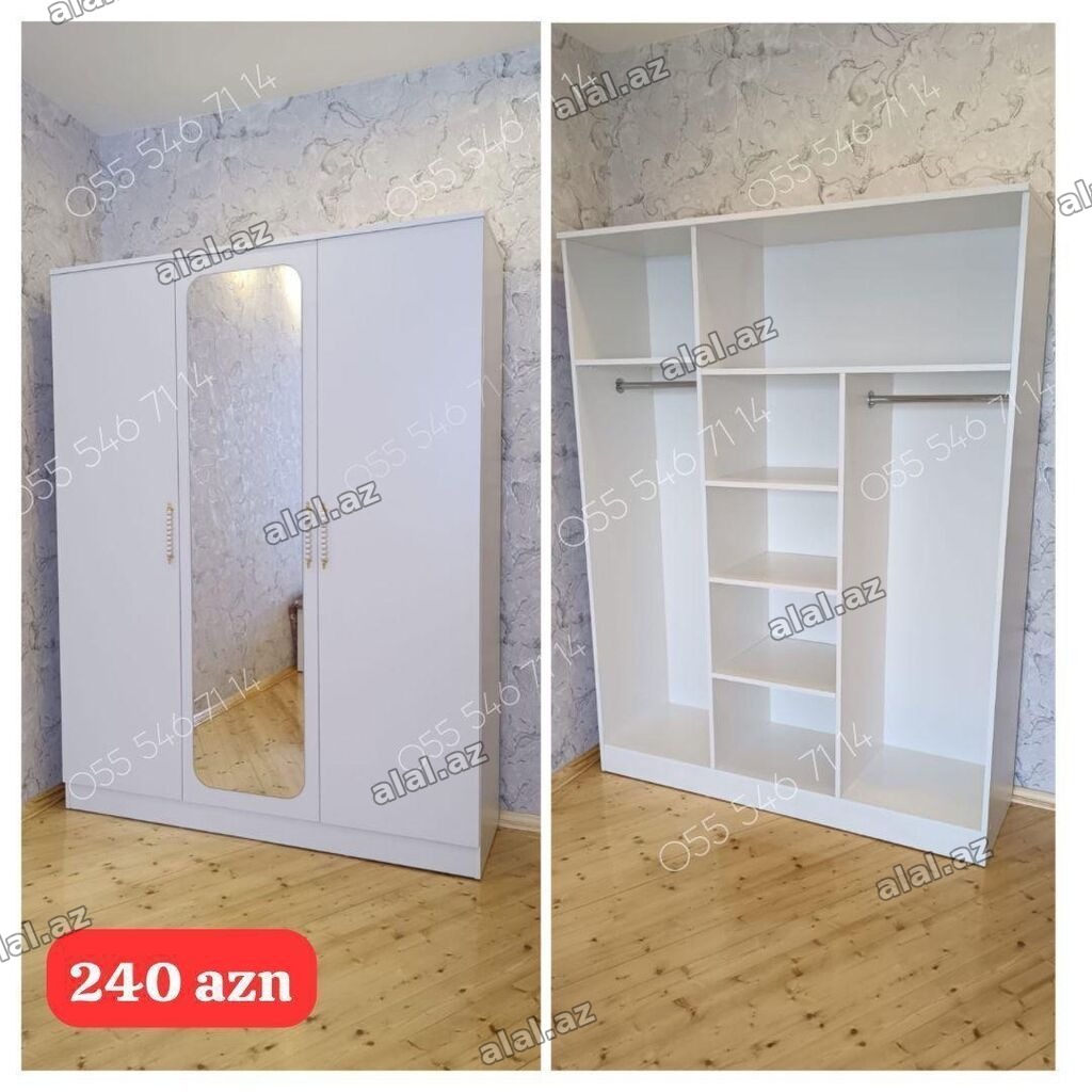 Yeni, 3 qapılı, Güzgülü, Ağ, Açılan, Düz dolab
