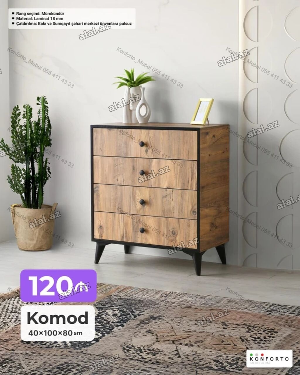 Komod – müasir dizayn, təbii taxta fakturası ilə. - Ölçülər: 40 × 100