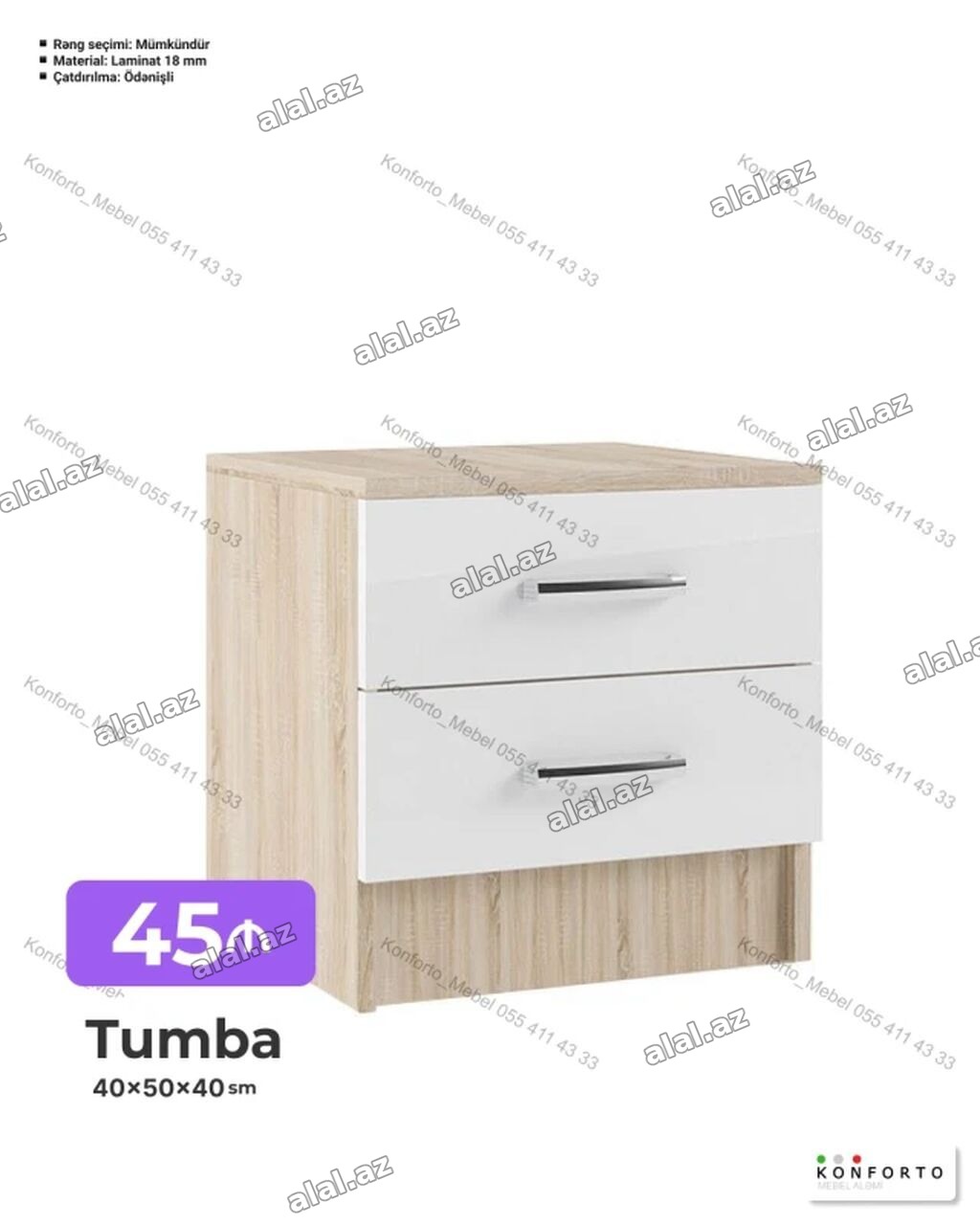Tumba – 40×50×40 sm - İki çekmecəli komod/tumba - Material: 18 mm
