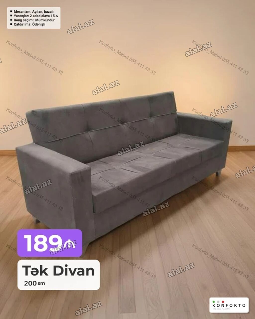 Tək divan – 200 sm - Mexanizm: açılan, bazalı (yataq funksiyalı, içi