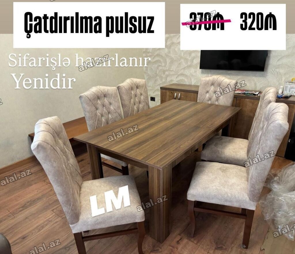 Yemək otağı üçün masa və 6 ədəd stul dəsti - Material: ağac fakturalı