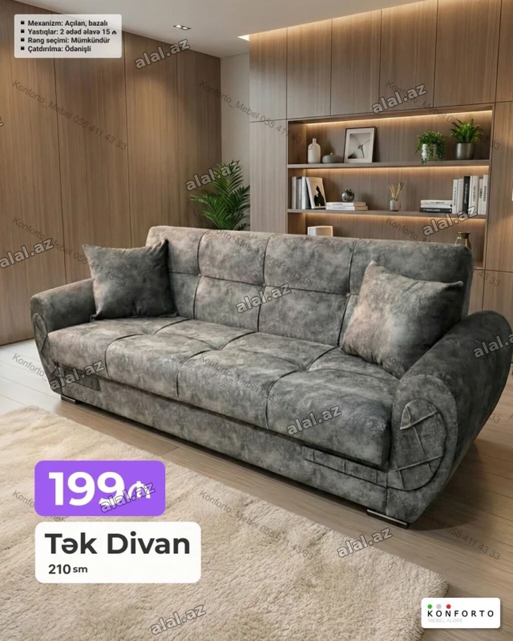 Tək divan – 210 sm - Mexanizm: açılan, bazalı (yataq funksiyalı, alt
