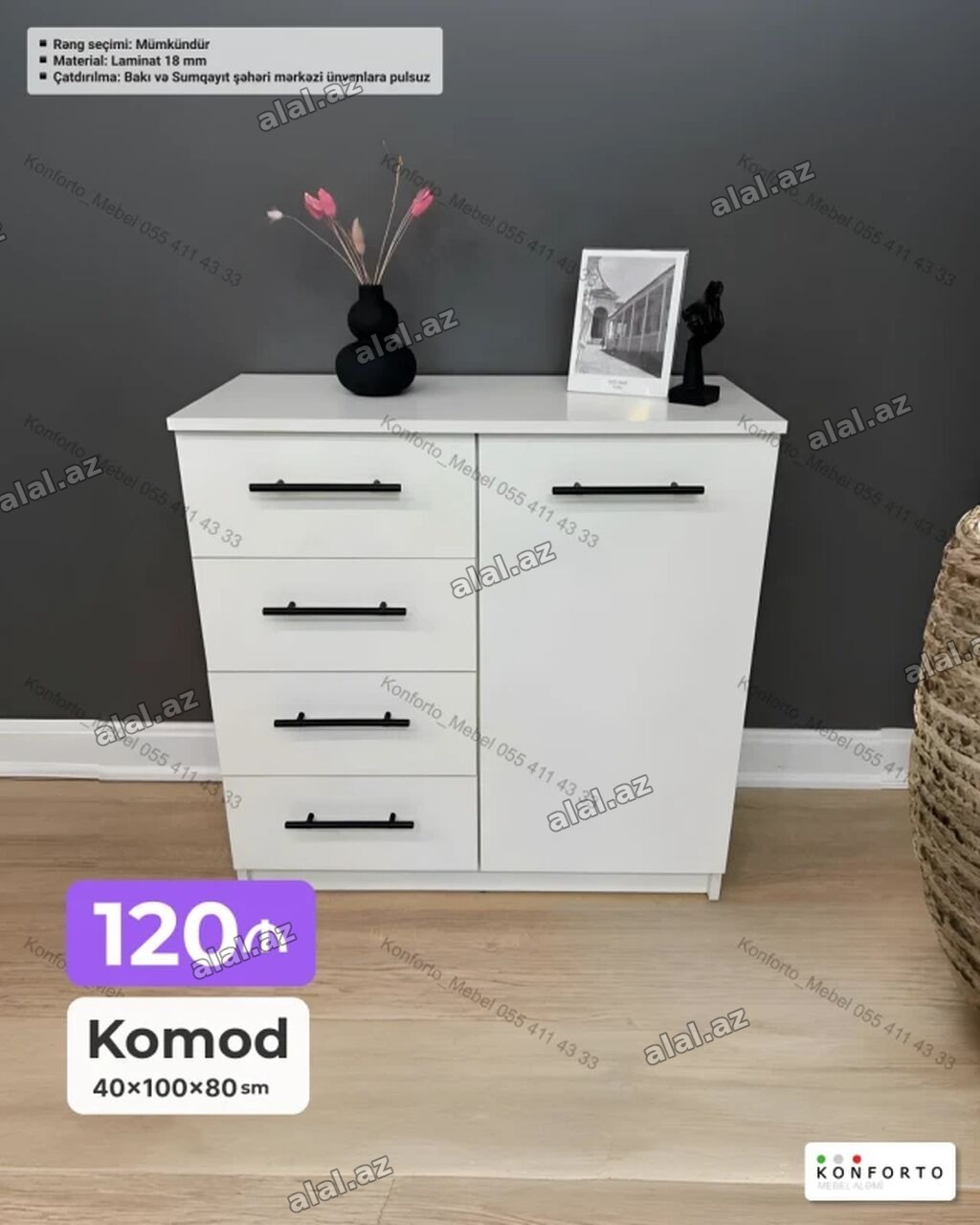 Komod – 40×100×80 sm - Material: 18 mm laminat - Rəng seçimi