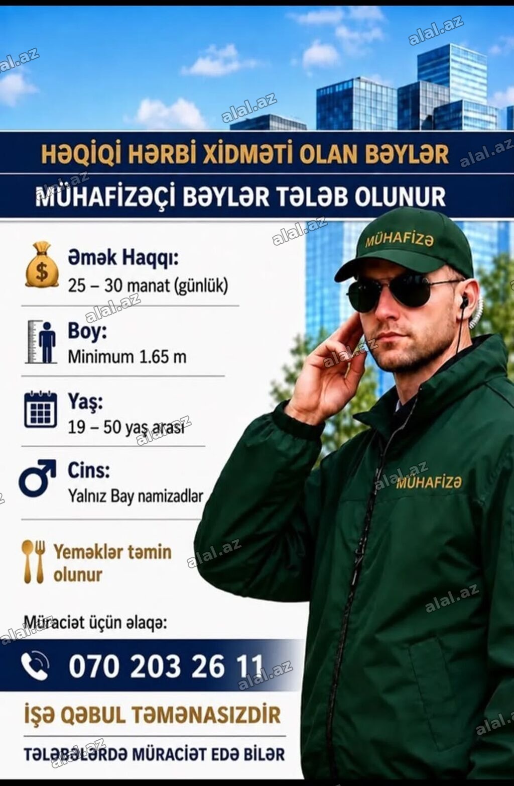 Mühafizəçi vakansiyası – Həqiqi hərbi xidməti olan bəylər üçün - Əmək