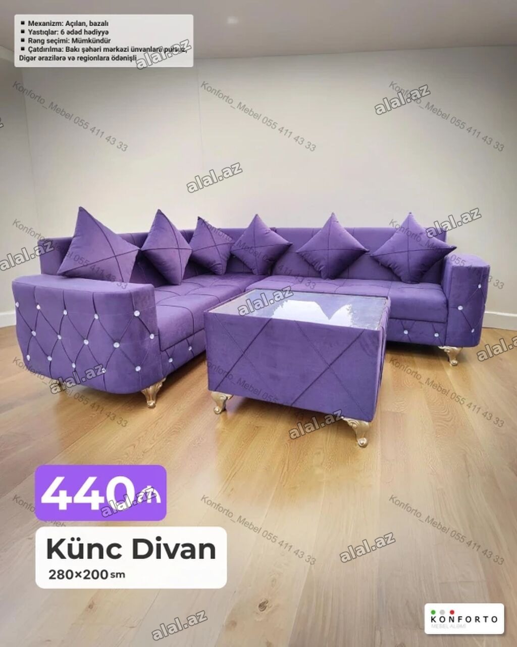 Künc Divan – 280×200 sm - Müasir dizaynlı, bənövşəyi rəngdə L-forma