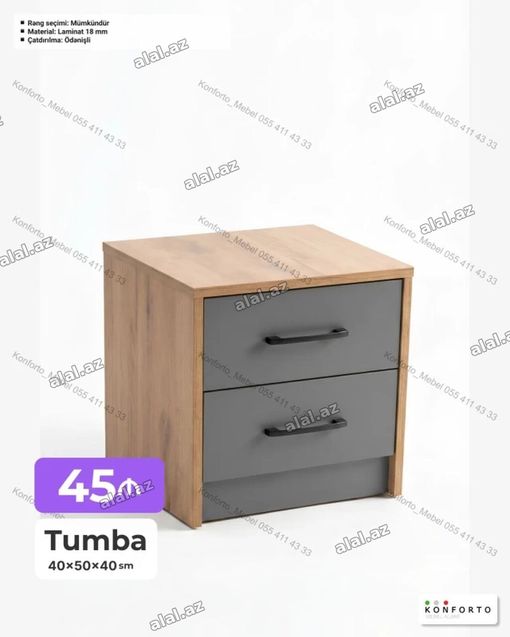 Tumba – 2 çekmecəli, kompakt model - Ölçülər: 40 × 50 × 40 sm -
