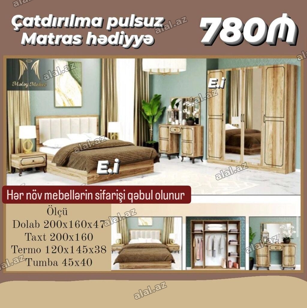 Yataq otağı mebel dəsti – 780₼ Çatdırılma pulsuz, matras hədiyyə Dəst