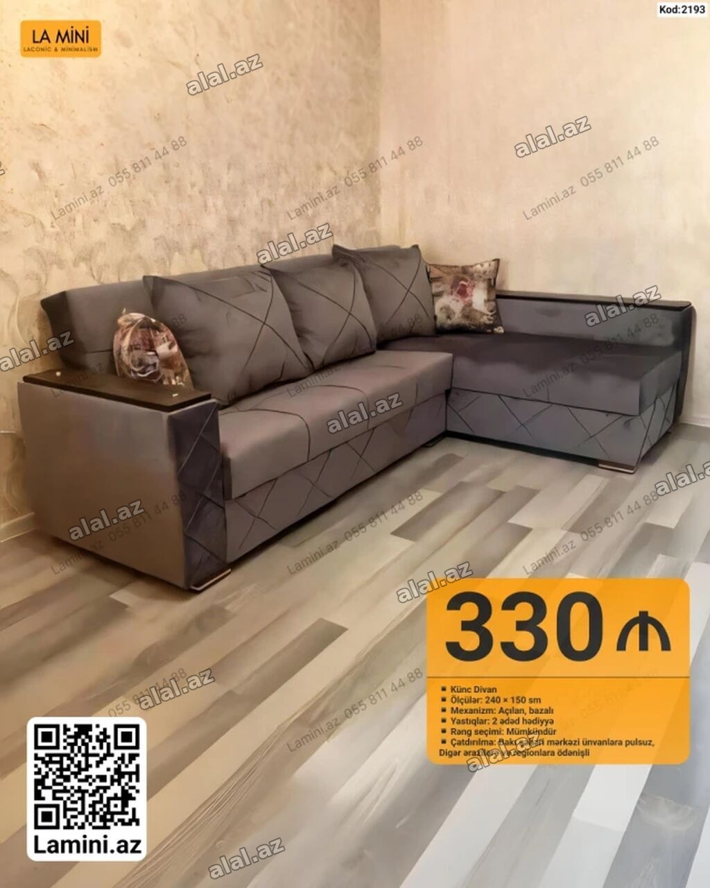 Künc divan – La Mini - Ölçülər: 240 × 150 sm - Mexanizm: Açılan