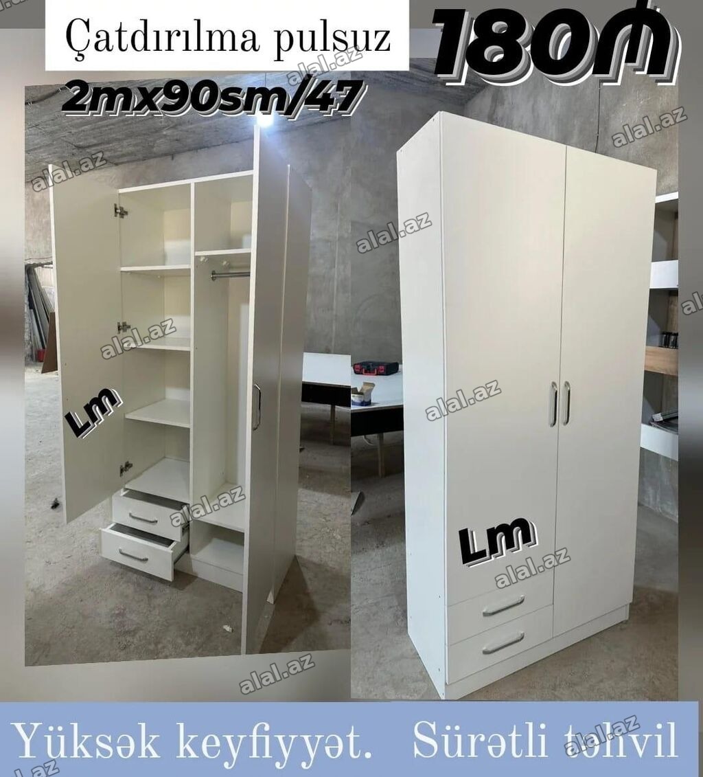 Ağ rəngli iki qapılı şkaf Ölçülər: 2 m (hündürlük) x 90 sm (eni) x 47