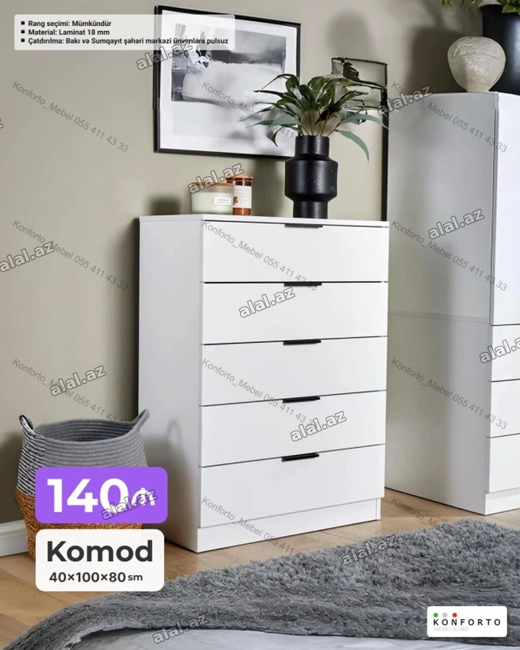 Ağ rəngli minimalist komod - Ölçülər: 40 × 100 × 80 sm - Material: 18