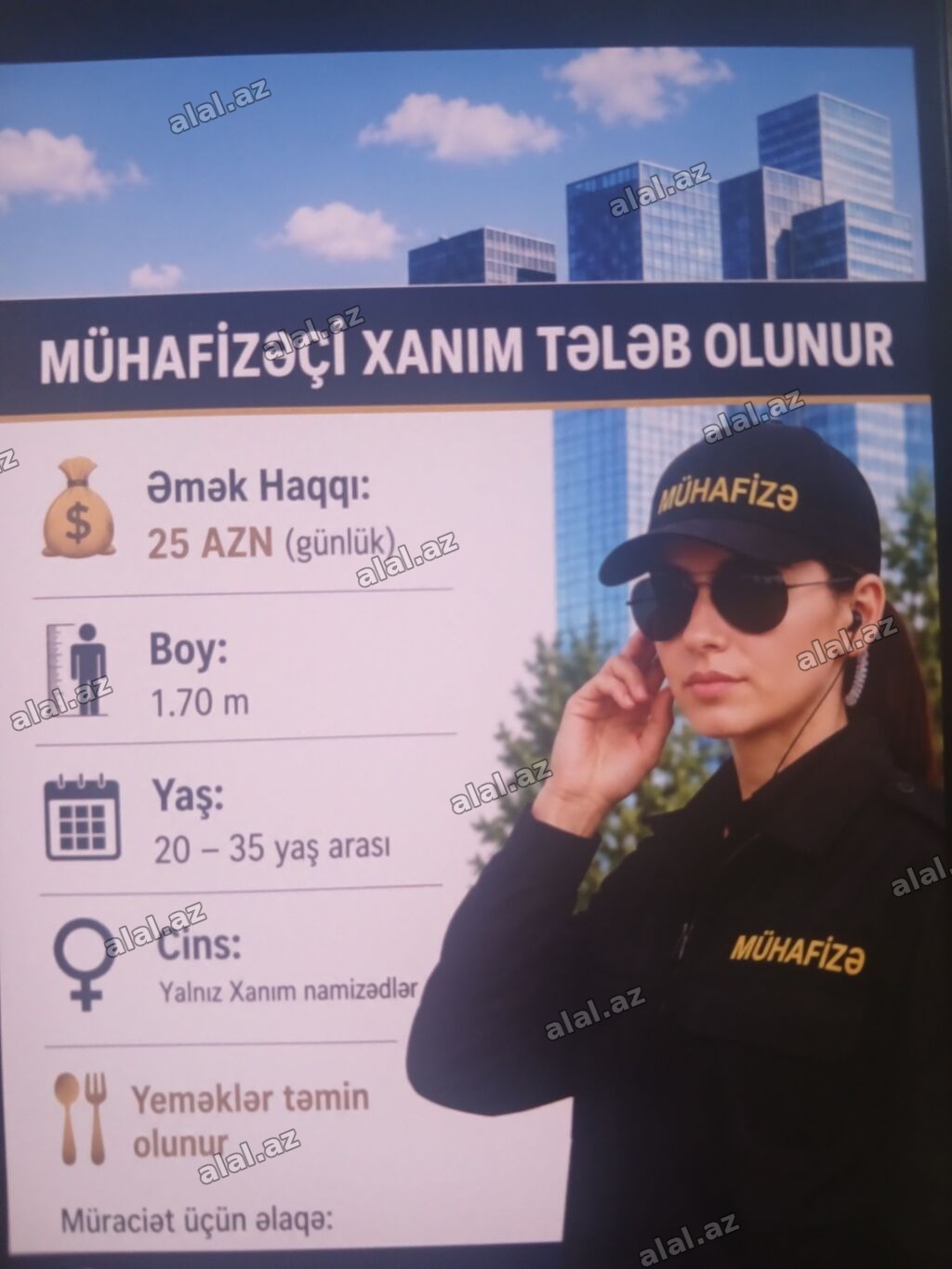 Vakansiya: Mühafizəçi xanım - Əməkhaqqı: gündəlik 25 AZN - Boy